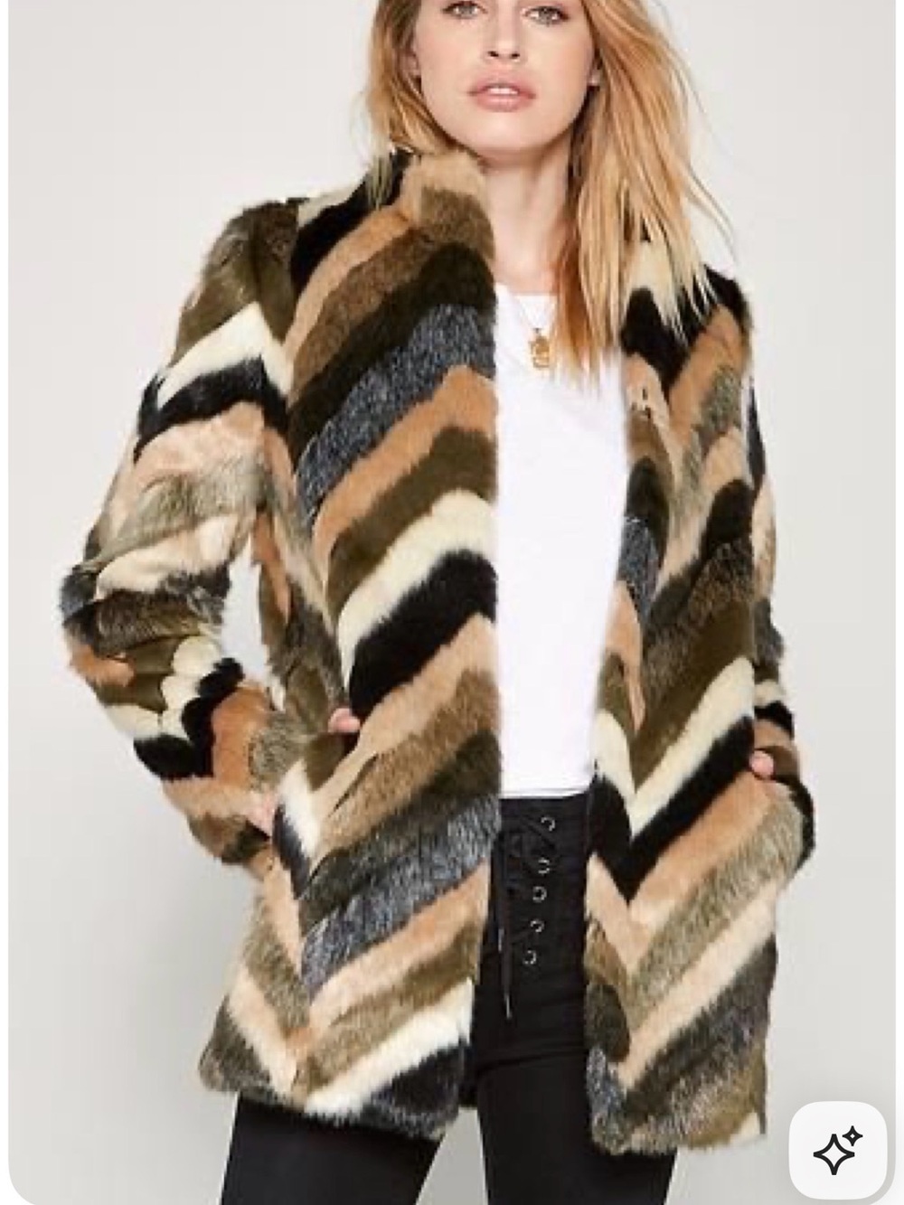 Amuse Society Chevron Pattern Faux Fur Jacket in Cream, Brown & Black